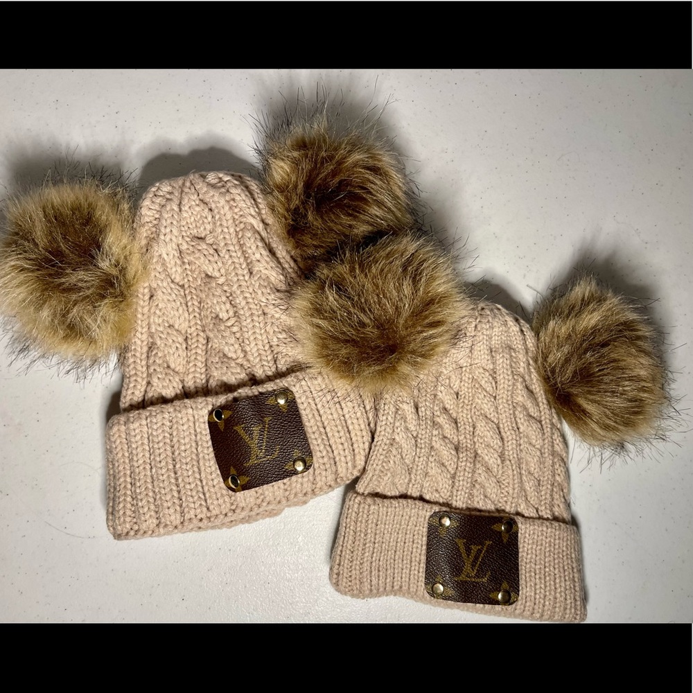 Mommy & Me Double Pom Pom Upcycled Luxury Beanie Set